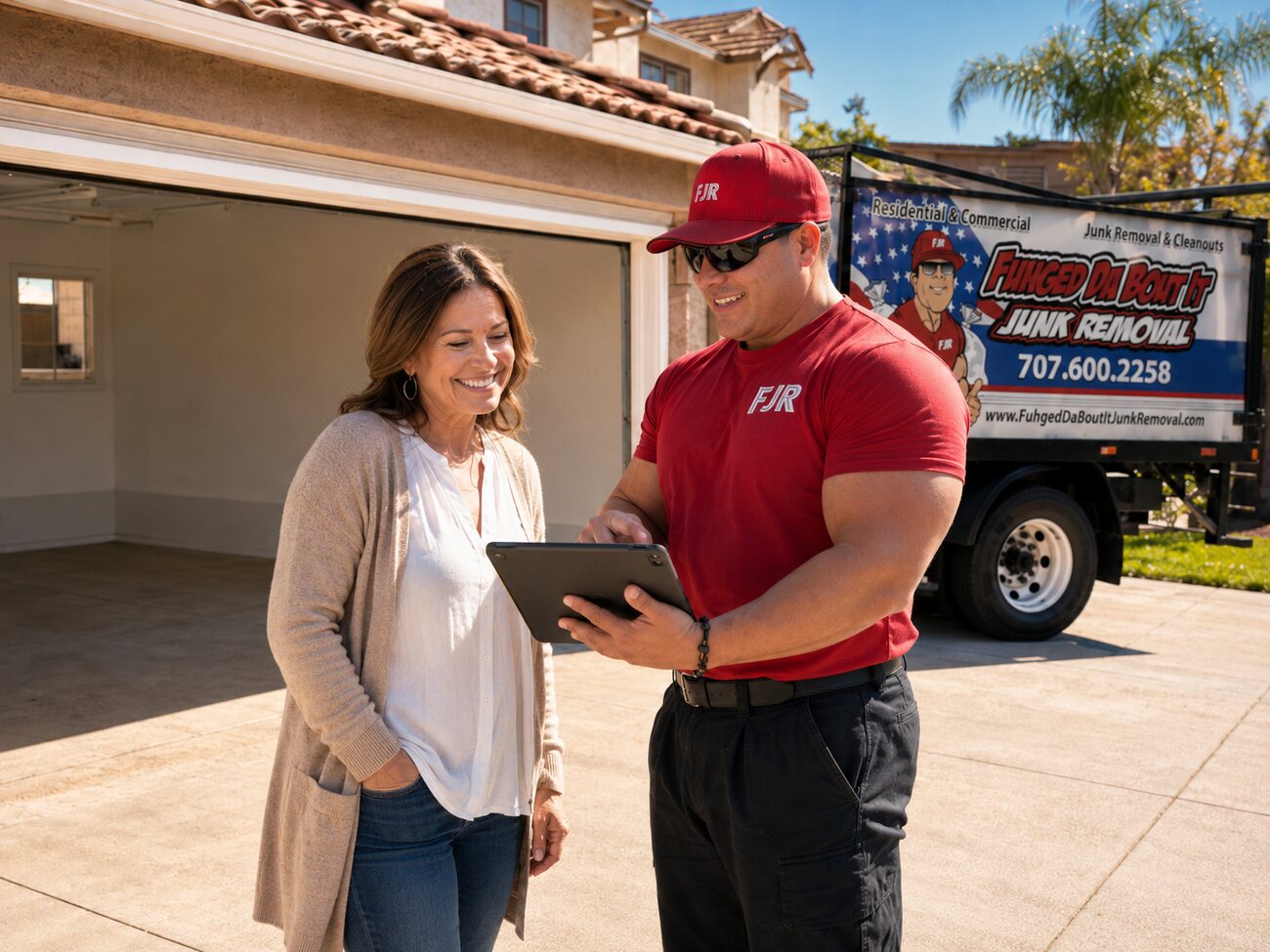 Fuhgeddaboutit Junk Removal owner showing a homeowner the upfront price on a tablet