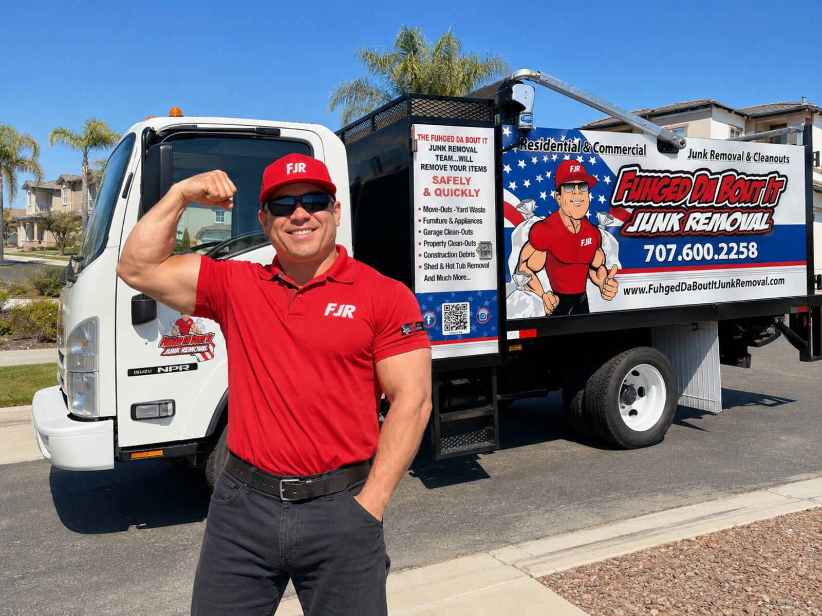 The owner of Fuhgeddaboutit Junk Removal in a red FJR shirt flexing in front of the flag-wrapped box truck in Petaluma