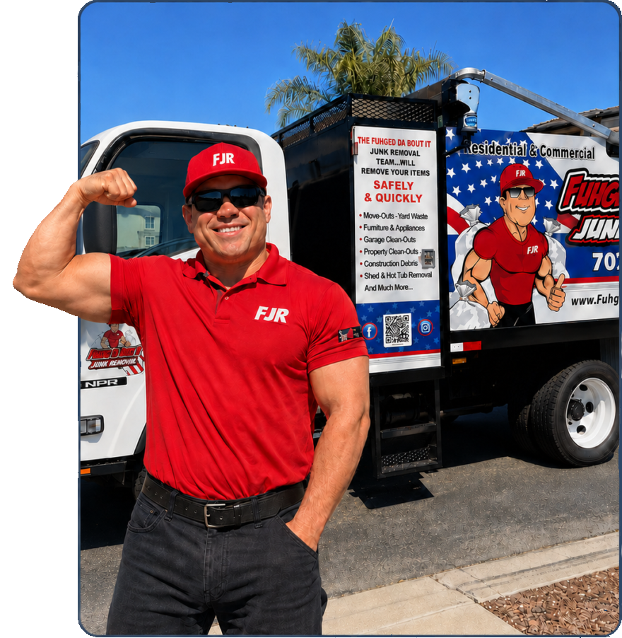 The owner of Fuhgeddaboutit Junk Removal in a red FJR shirt flexing in front of the flag-wrapped box truck in Petaluma