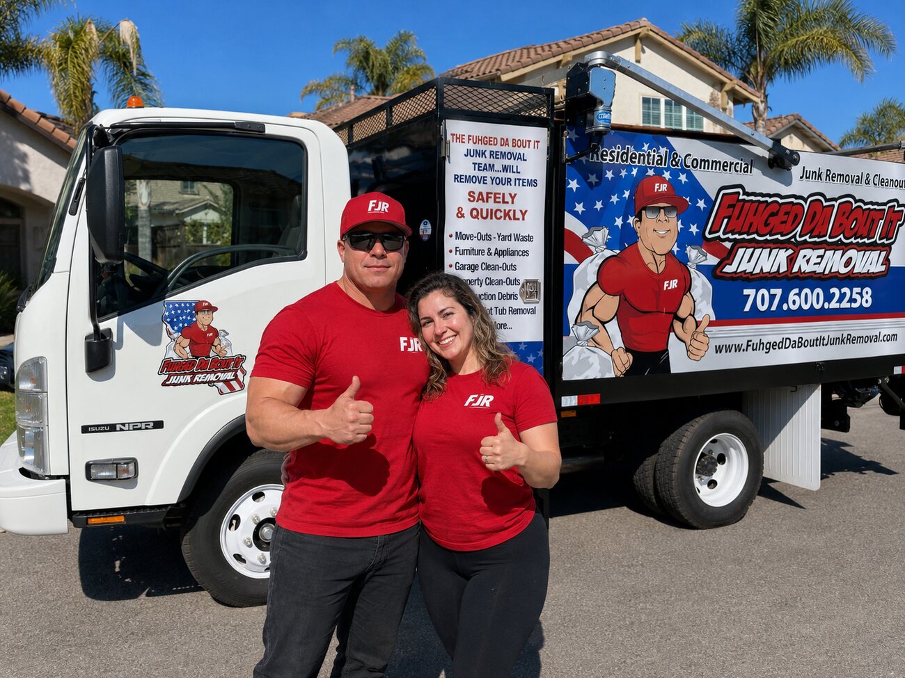 The husband-and-wife owners of Fuhgeddaboutit Junk Removal giving a thumbs up by their truck