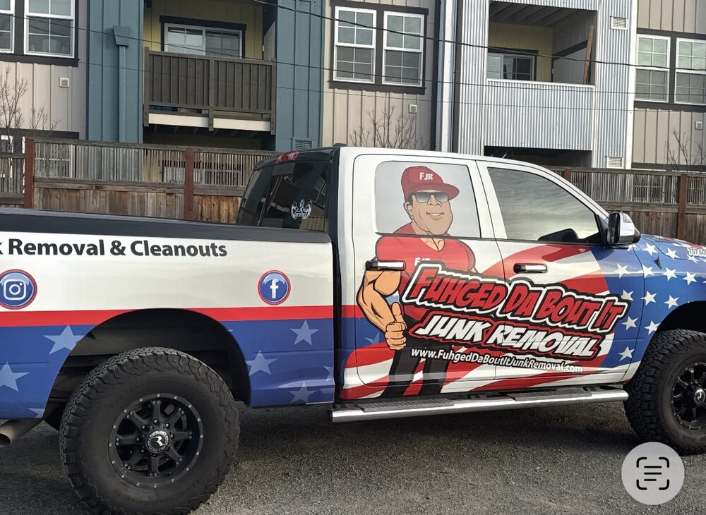 The branded Fuhgeddaboutit Junk Removal box truck
